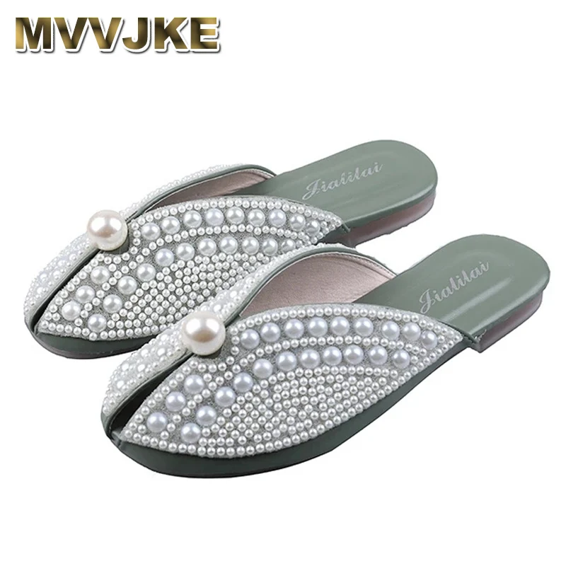 

MVVJKE Slippers Women Flip Flop Summer Shoe 2022 New Pearl Rhinestones Mules Casual Slides Flats Flip-flops Female Sandals Shoes