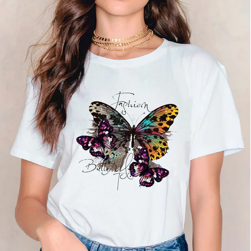 Женская футболка с коротким рукавом принтом акварелью и бабочкой|Футболки| |