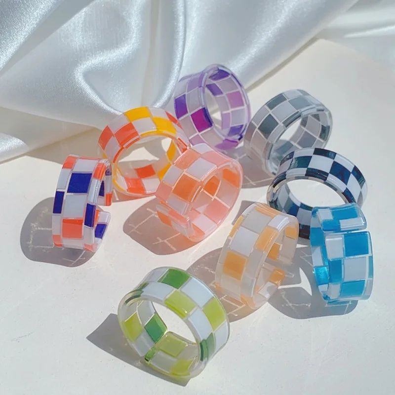 

New Ins Creative Cute Stitching Plaid Open Resin Ring Simple Checkered Geometric Rings For Women Girls Fashion Jewelry Gift