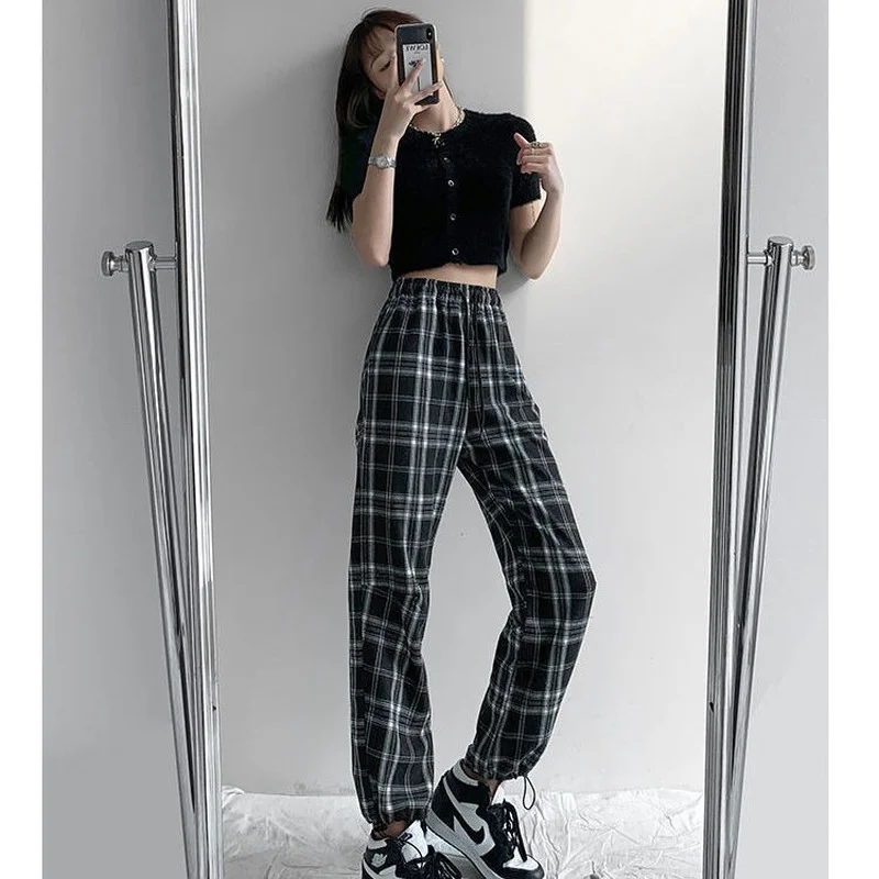 

HOUZHOU Plaid Pants Women Vintage Casual Oversize Harem Loose Wide Leg Trousers Harajuku Hip Hop Streetwear Women Sweatpants