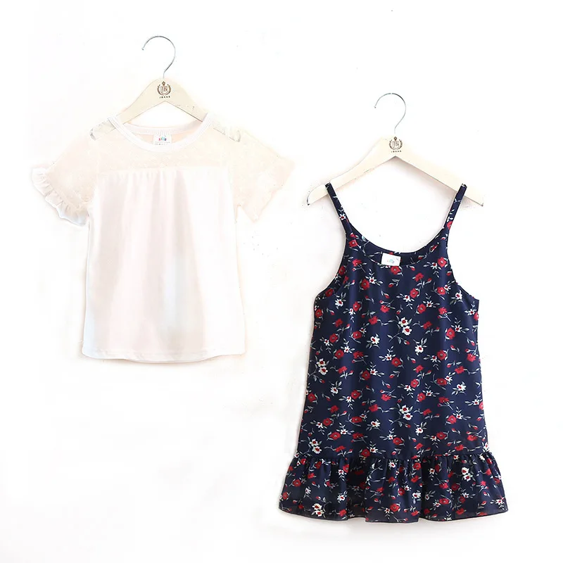 

Girls Summer Suit Two-piece Fashion Short-sleeved Mesh Bottoming Shirt Chiffon Floral Dress Sets Toddler Girl Summer Clothes