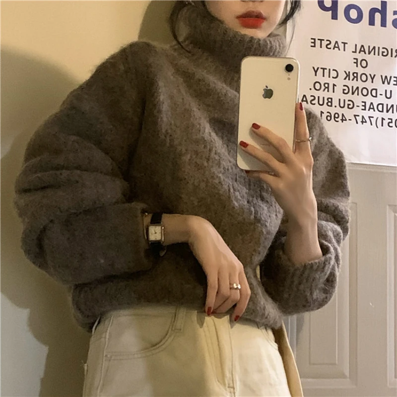 

Женский короткий свитер, теплый вязаный пуловер с высоким воротом, Свободный пуловер с длинным рукавом, зима 2020