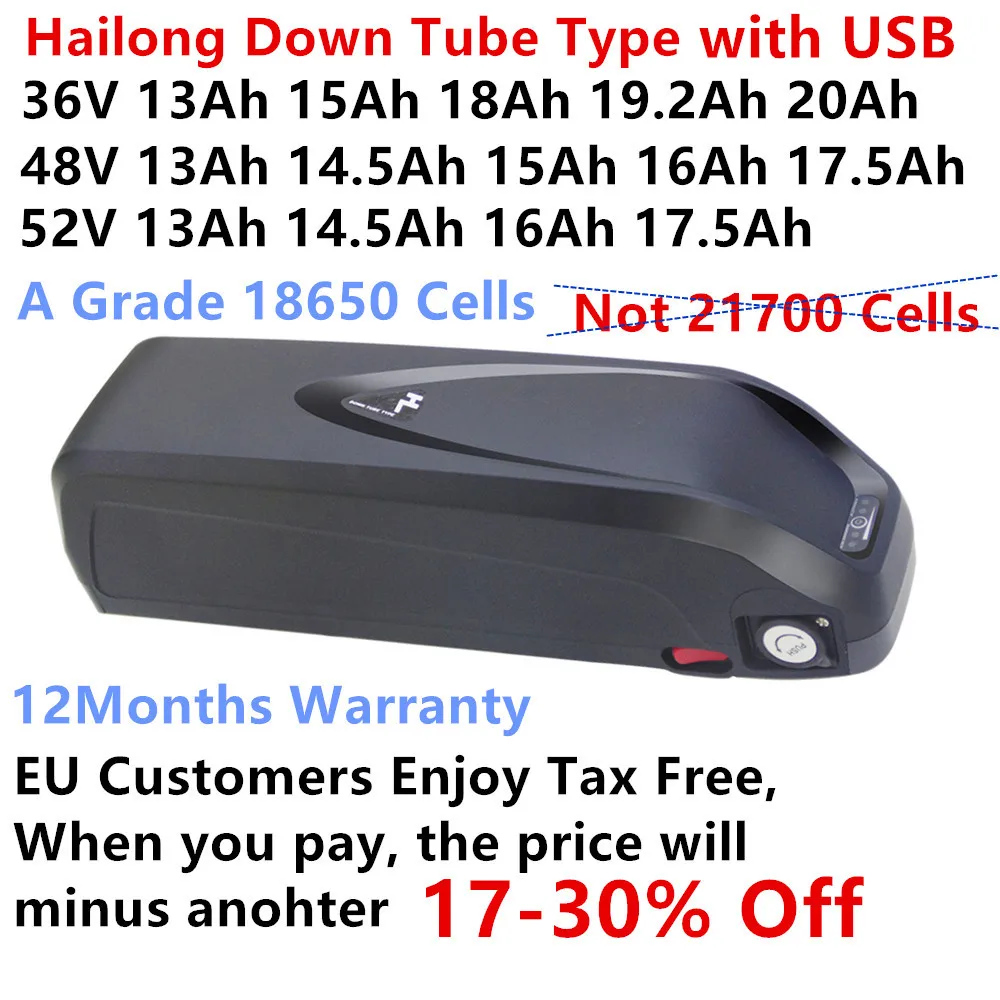 

Hailong 2 1-2 Down Tube Type Ebike Battery Replace Upgrade 36V 48V 52V 13Ah 14.5Ah 15Ah 17.5Ah 20Ah 250w 500w 750w 1000w Battery