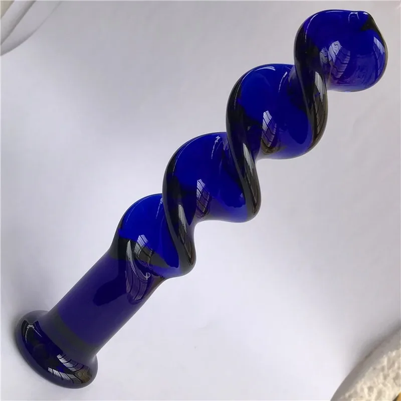 Стеклянный фаллоимитатор в форме спирали насыщенного синего цвета прозрачная