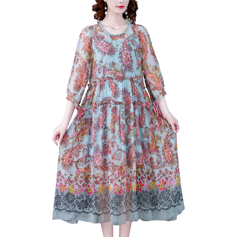 

Women Boho Floral Mulberry Silk Maxi Dress Summer Vintage Casual S-3XL Plus Size Chiffon Dress 2021 Elegant Party Vestidos