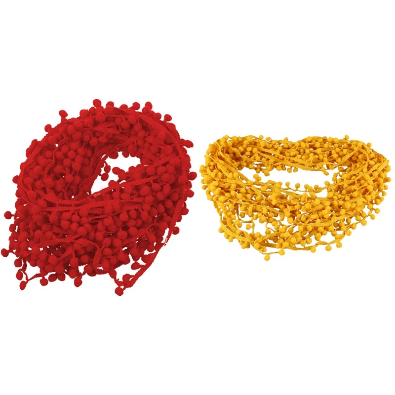 

Promotion! 2 Pcs 20 Yard 10MM PomPom Trim Ball Fringe Ribbon DIY Sewing Accessory Lace Red & Yellow