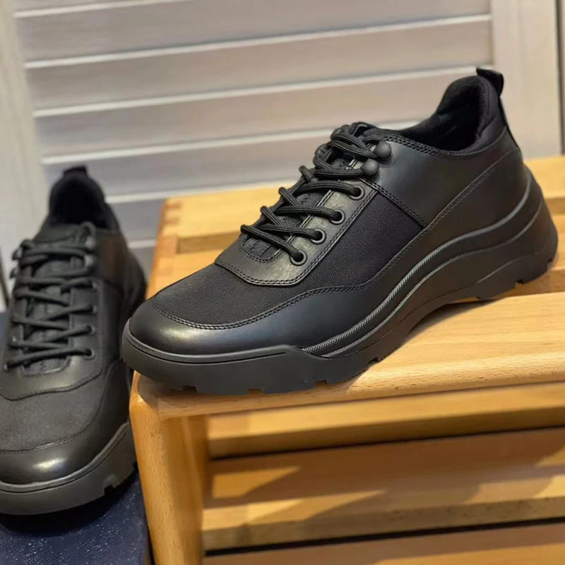 

Summer Men's Sports Shoes Cowhide Black Rubber Sole Chunky Sneakers Leather