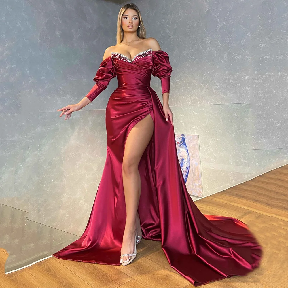 

Yipeisha Off-shoulder Burgundy Evening Dresses High Split Prom Gown with Sleeves Beaded Formal Mermaid Dress for Wedding Party