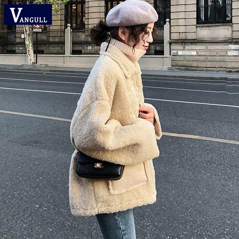 Vangull женские куртки из овечьего меха зимние толстые теплые женские пальто из овечьего меха Осенняя Мода Новые Длинные рукава однотонная свободная элегантная верхняя одежда