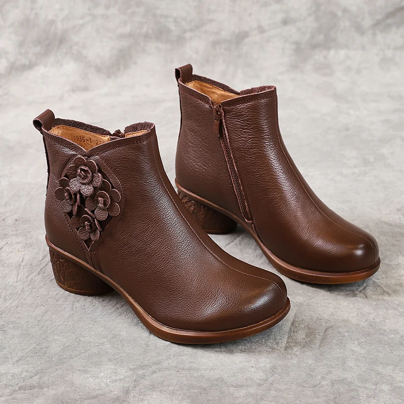 

2020 Hot Spring Autumn Women Boots Genuine Leather Thick Heels Ankle Boots For Women Shoes Retro Flower Zipper Short Boots