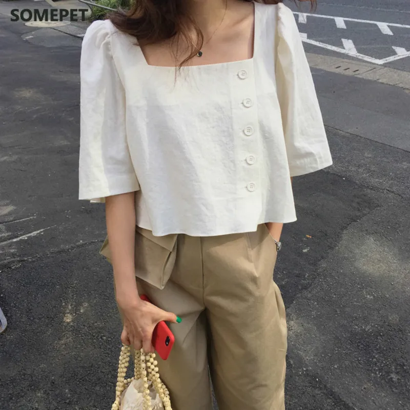 

Womens Summer Cotton Linen Tops Ladies Blouses Straight Shirt Side Buttons Blusas Haut Femme Bluzki Damskie Camiseta Mujer