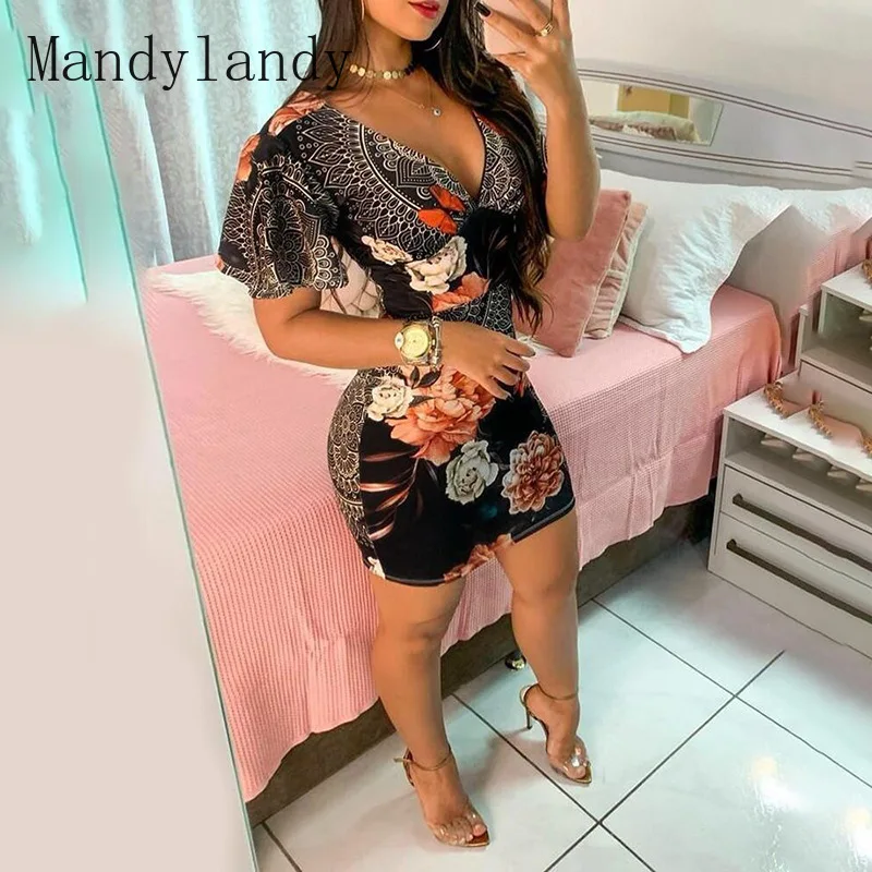

Mandylandy Summer Fashion Short Sleeve V-neck High Waist Mesh Dress Women's Sexy Printed Slim Dress