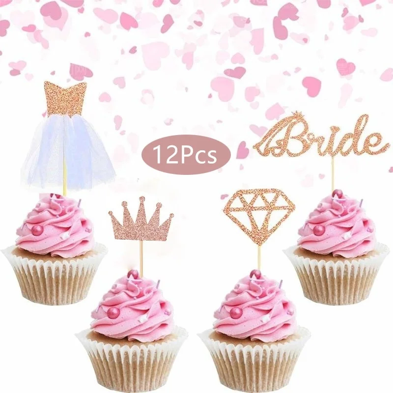

12pcs Bride To Be Cupcake Topper Glitter Crown Rings Wedding Cake Decoration for Bachelorette Party Decor Bridal Shower Balloons