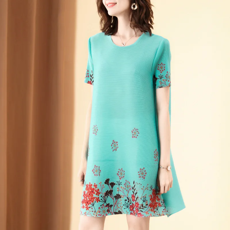 

Mother's Pink Dress Women's 2020 Summer New Short Sleeve Printed Belly Covering Pleats Dress