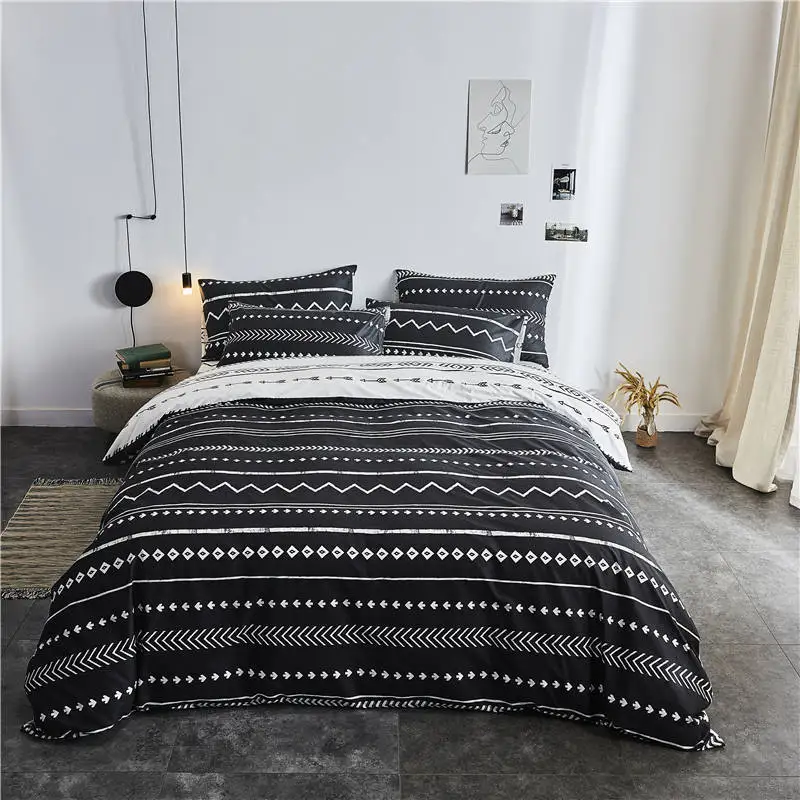 Комплект постельного белья из хлопка классический в полоску черно-белый цвет