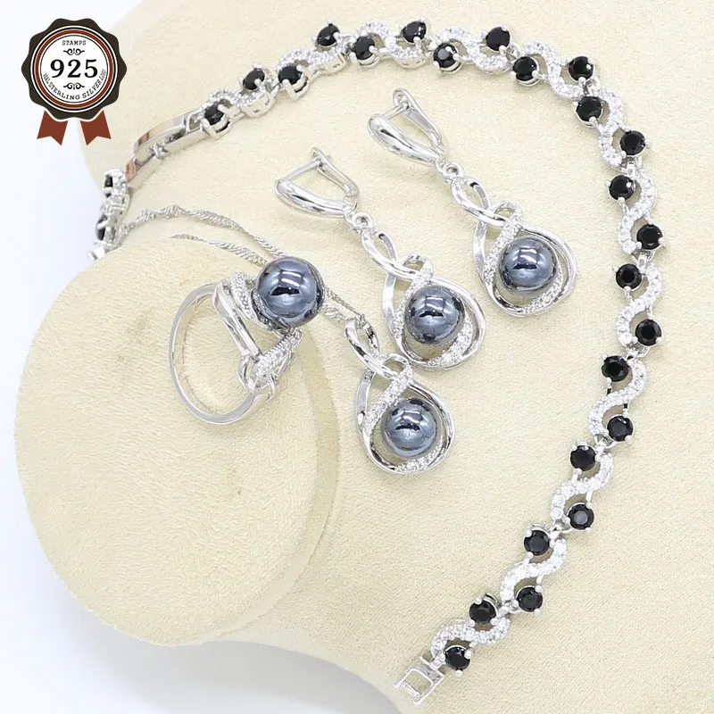 Набор украшений для женщин из черного жемчуга серебряного цвета с цирконом