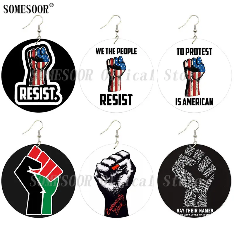 

SOMESOOR Say Their Names Power Fist Wooden Drop Earrings Euphorically Black Resist Printed Wood Loops Jewelry For Women Gifts