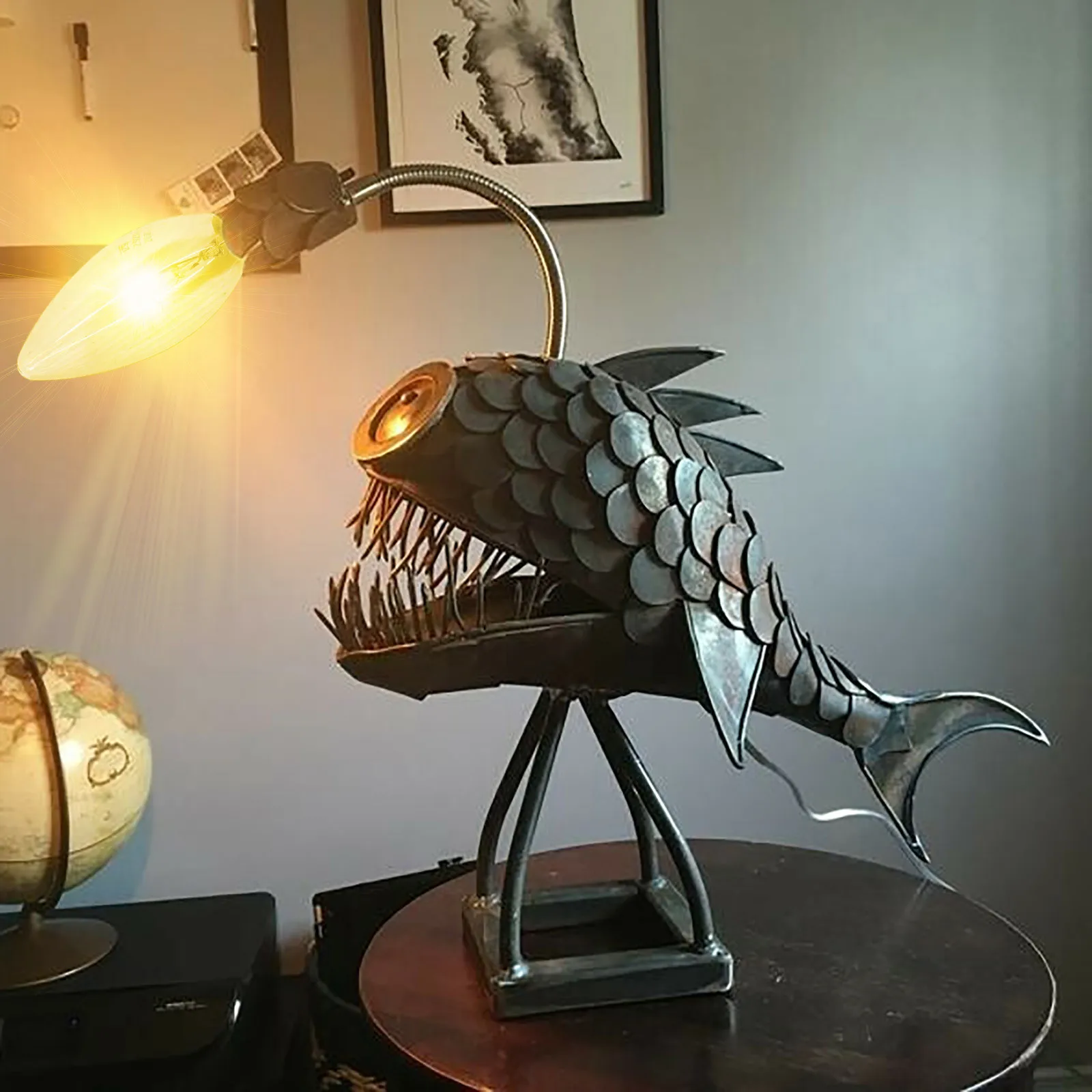 

Creative Anglerfish Lamp Metal Nails Teeth Chinchou Table Light Figurine Decor Angler Fish Lamp Lantern Fish Ornament Us Plug