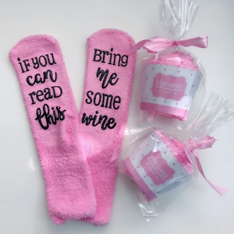 

Women Winter Fuzzy Plush Slipper Socks If You Can Read This Bring Me Some Wine Warm Hosiery with Cupcake Gift Packaging