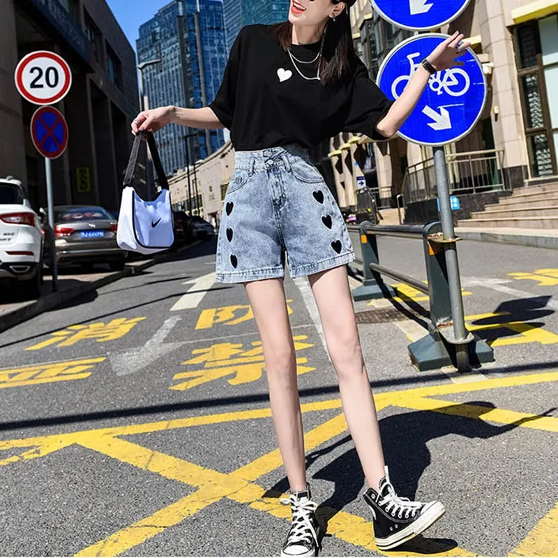 

Wide Leg High Waist Loose Short Pants Women Love Graphic Embroidery 2021 Summer Denim A-line Shorts Women's Denim Shorts Fashion