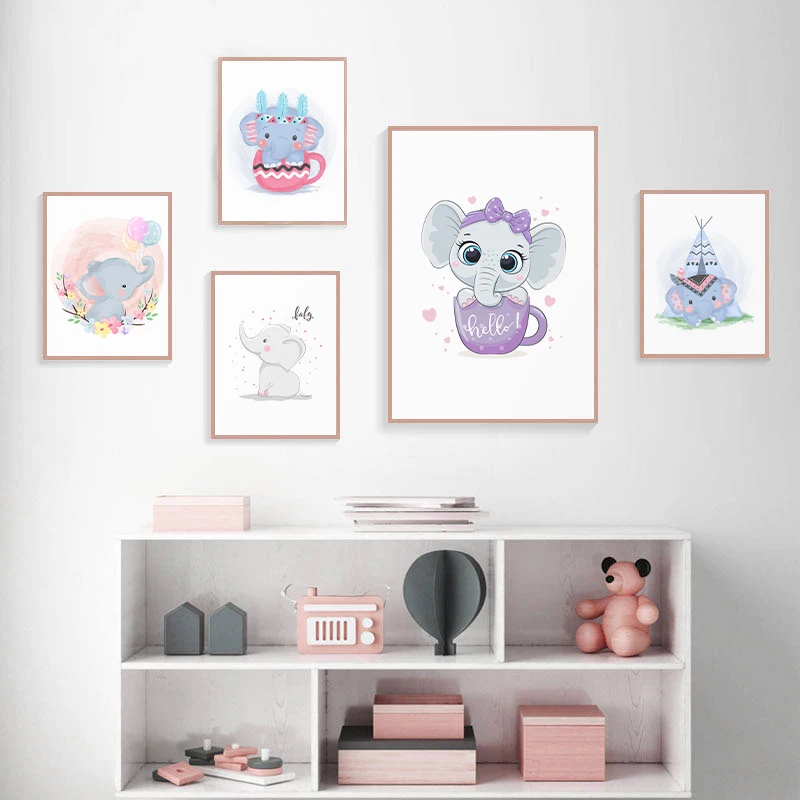 

Cartoon Watercolor Adorable Baby Elephant Poster Nursery Wall Art Picture Canvas Print Painting Nordic for Kids Room Decoration