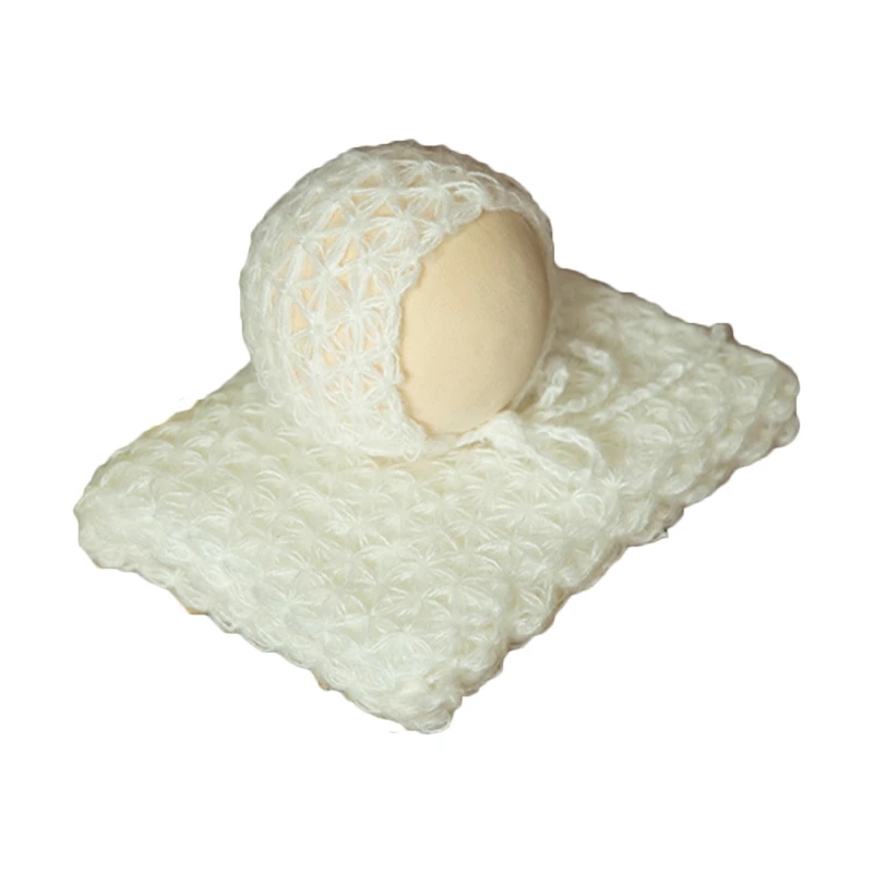 

W3JF Baby Infants Blanket Backdrop Set Newborn Photography Props Fluffy Stretch Knitted Wrap Swaddling Mesh Hat