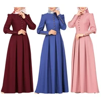 womens solid color elegant abaya muslim dress slim fit wide hem long sleeve decorative buckle vintage ethnic style dress