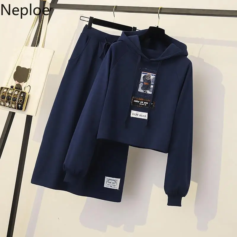 Neploe, Женский комплект из двух предметов, Повседневный, с аппликацией, с капюшоном, толстовки, пуловеры+, на шнуровке, с карманом, до середины икры, юбка, модный джемпер, костюмы 55415