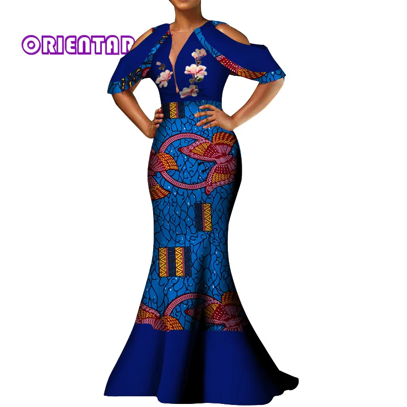 Женское платье в африканском стиле с вощеным принтом глубоким V-образным вырезом