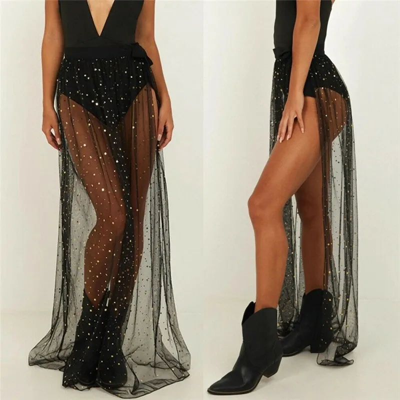 

Black Sequins Mesh See Through Dress Bikini Cover Ups Women Swimsuit High Elastic Waist Maxi Wrap Skirt Sarong Pareo Beach Wear