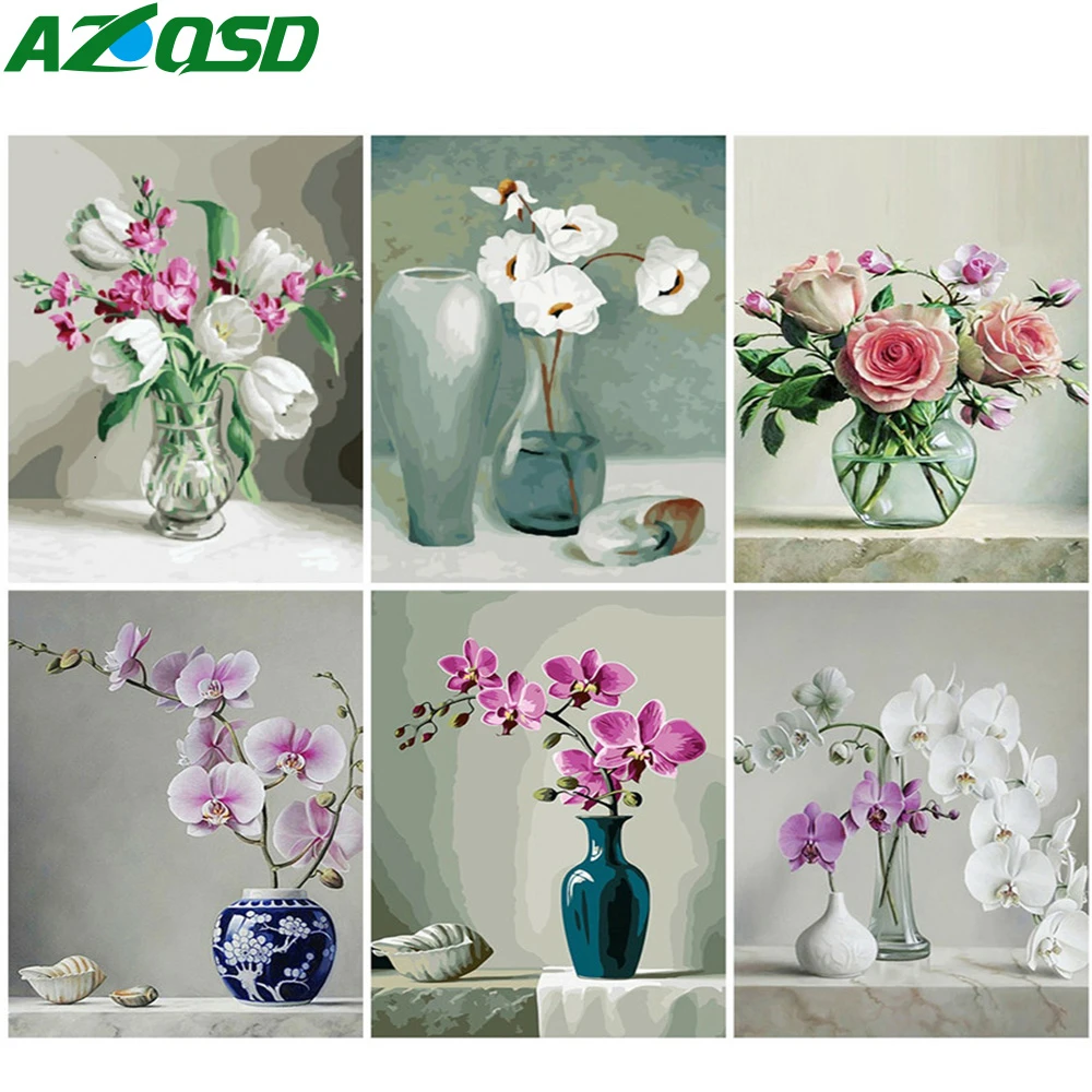 DIY Безрамное картина по номерам Цветы Ваза Картины Холст Для Гостиной Домашнего