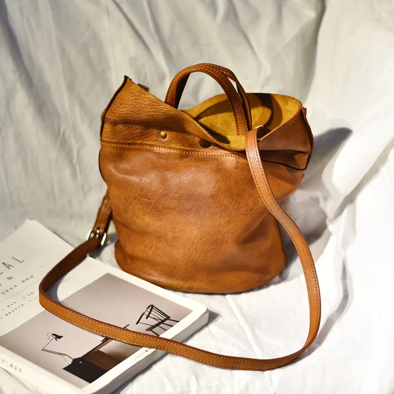 Женская сумка ведро ручной работы из яловой кожи в стиле ретро растительного