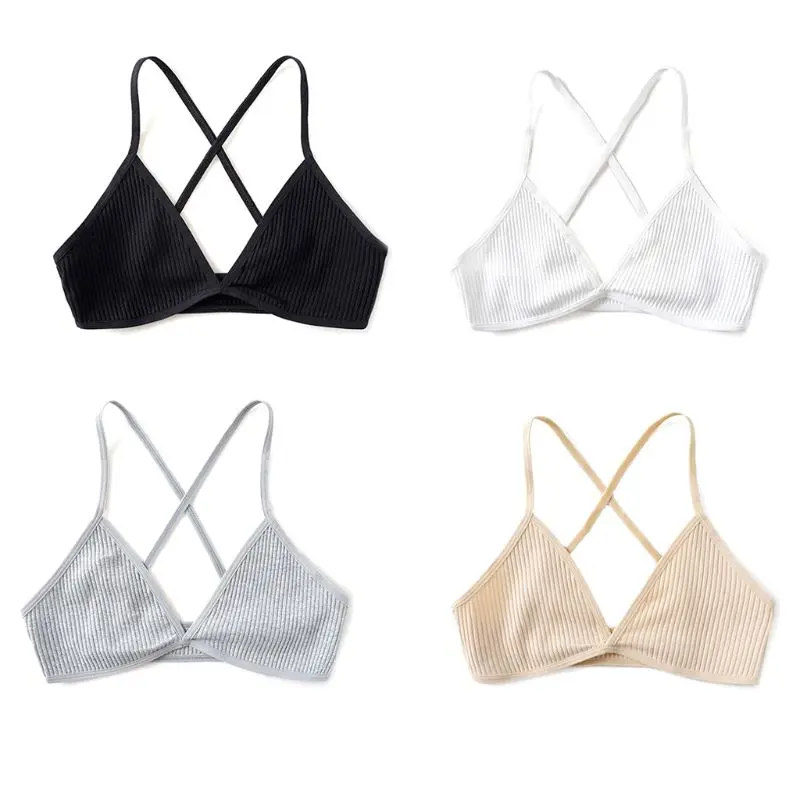 Women Ultra Thin Bralette Sexy V-Neck Criss Cross Beauty Back Ribbed Knit Bra X3UE