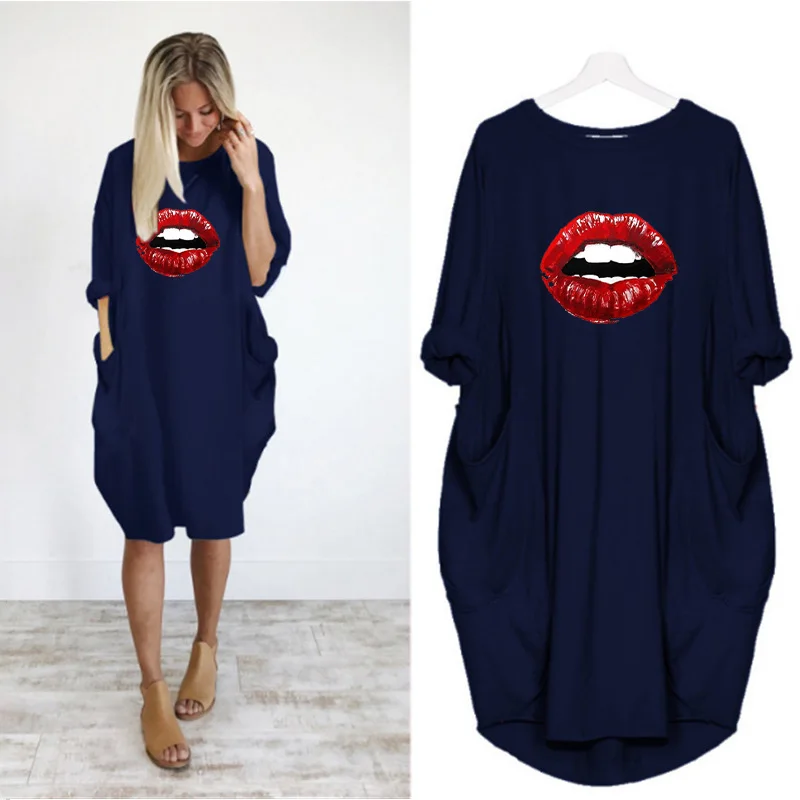 

Long Sleeve Plus Size Loose Dresses Women Red Lips Print Pocket Casual Party Beach Vintage Femme Robe Vestidos Streetwear Female