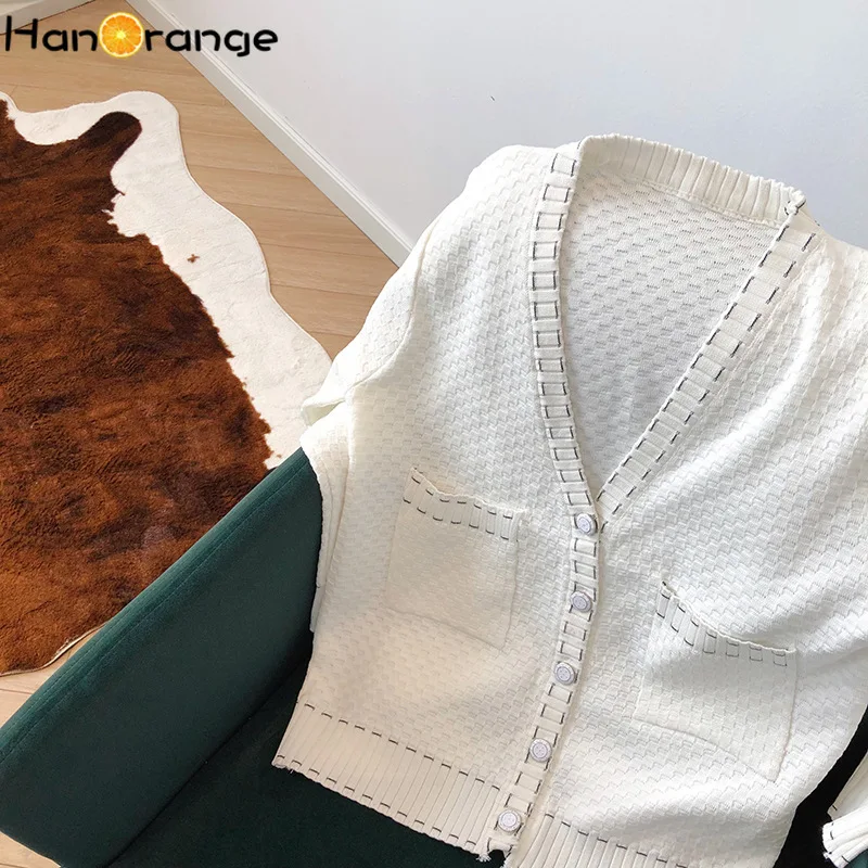 

Single Breasted Knitted Cardigan Women 2021 Spring Autumn All-match V-Neck Sweater Pockets