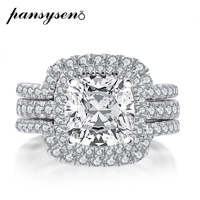 

PANSYSEN Solid 925 Sterling Silver Bridal Sets 9MM Created Moissanite Gemstone Wedding Bands Engagement Ring 3 Pcs Fine Jewelry