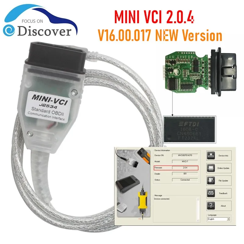 

MINI VCI Real Firmware V2.0.4 Latest Version V16.00.017 For Toyota j2534 K+DCAN Supports K-Line MINI-VCI HW 2.0.4 FTDI FT232RL