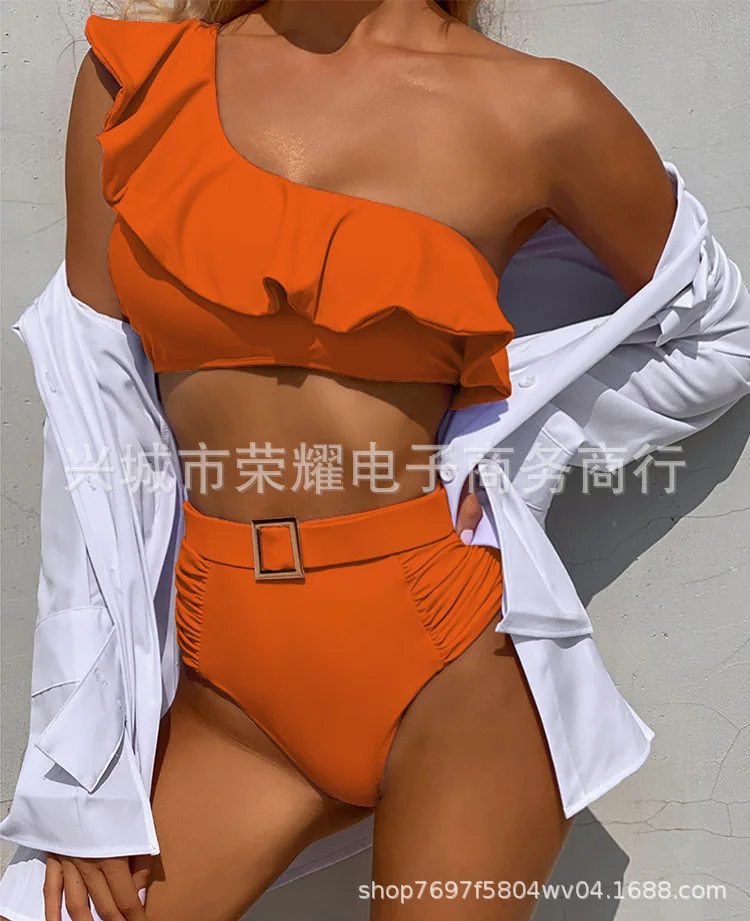 

2021 New Female Solid Color Ruffled Split Swimsuit Sexy Bikini