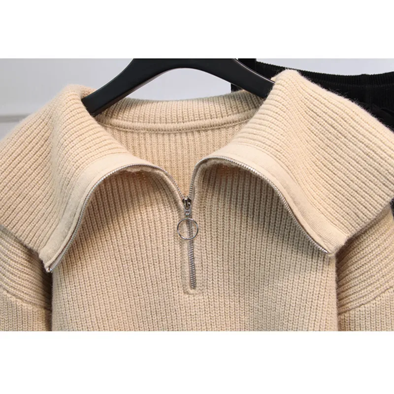 

Autumn Winter Fashion Lapel Loose Half Zipper Women Knitted Sweater + Harem Pants Sweatpants Fashion Set Ladies Clothes H1014