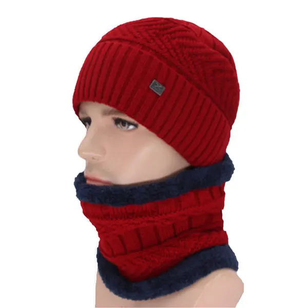 wine red set Бренд Skullies Beanies мужские зимние шапки для мужчин шарф вязаная шапка Кепка, зимняя шапка Beany мужская Homme X Gorro береты-кепки - Цвет: wine red set