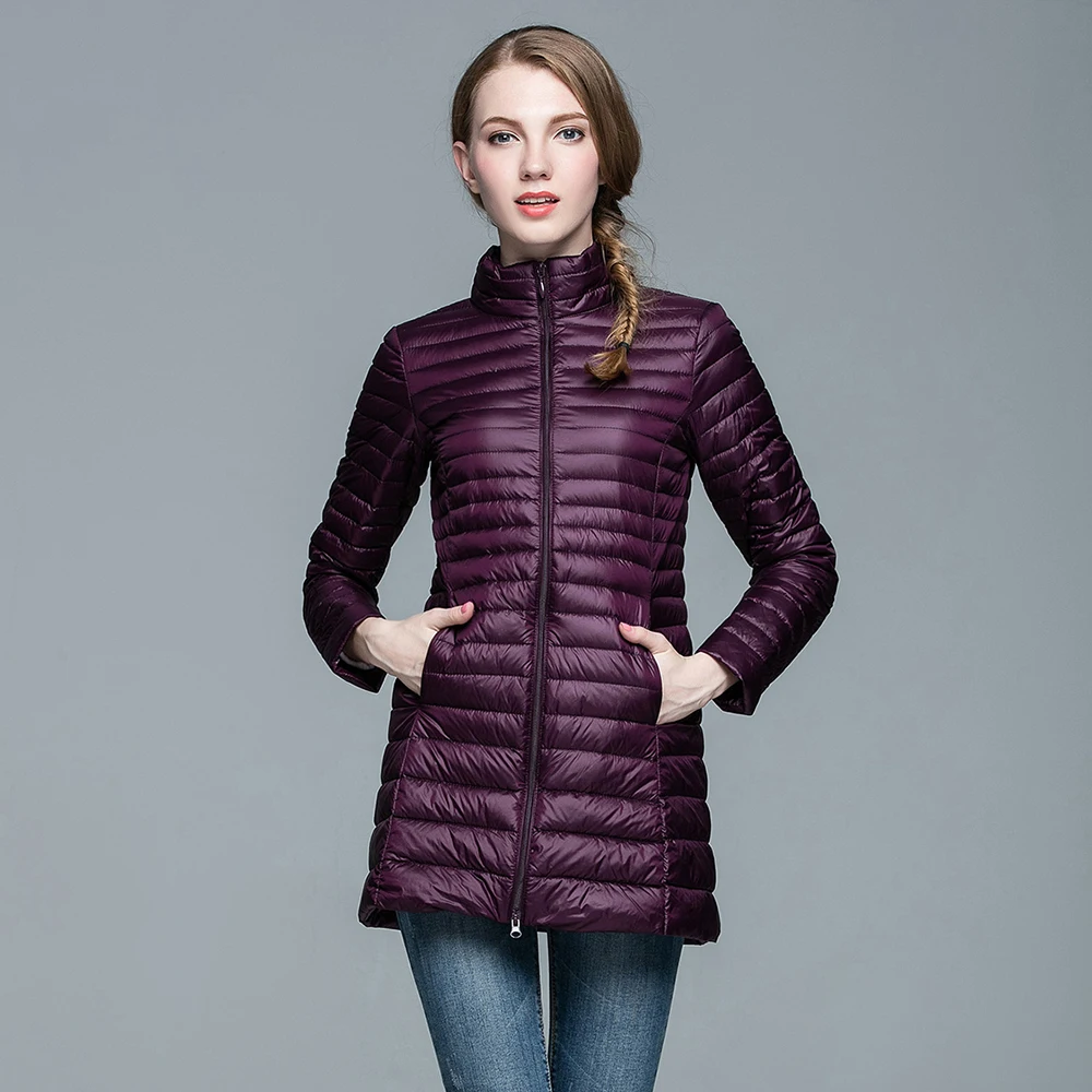 

2021 Winter down Jacket Ladies Stand Collar Solid Outdoor Slim Thin Warm Down Long Coat Women's Outerwear