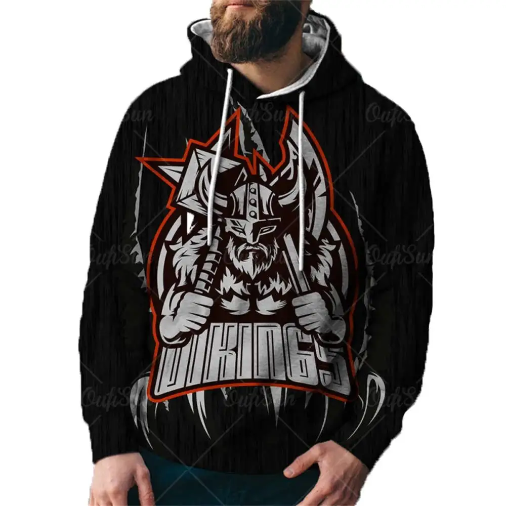 

2021 Autumn 3d Abstract Character Design Viking Elements Bold Adventure Hoodie Trend Men And Women Fashion Sports Style Pullover