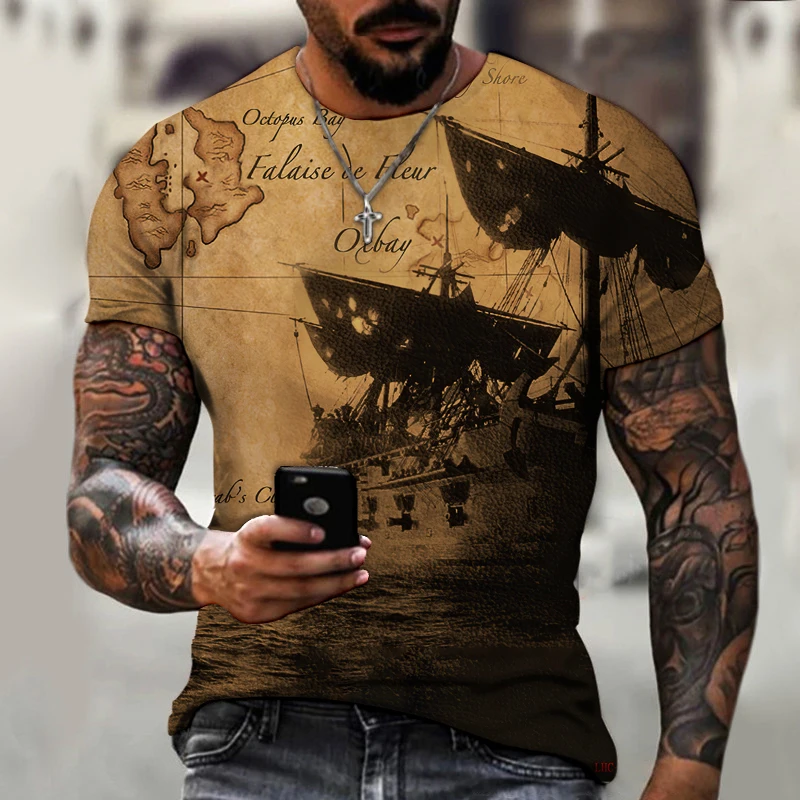 

Retro Fashion World Map Hip-hop Funny T-shirt Men's Personality Short-sleeved Street Style Shirt Harajuku Fashion Summer New 6XL