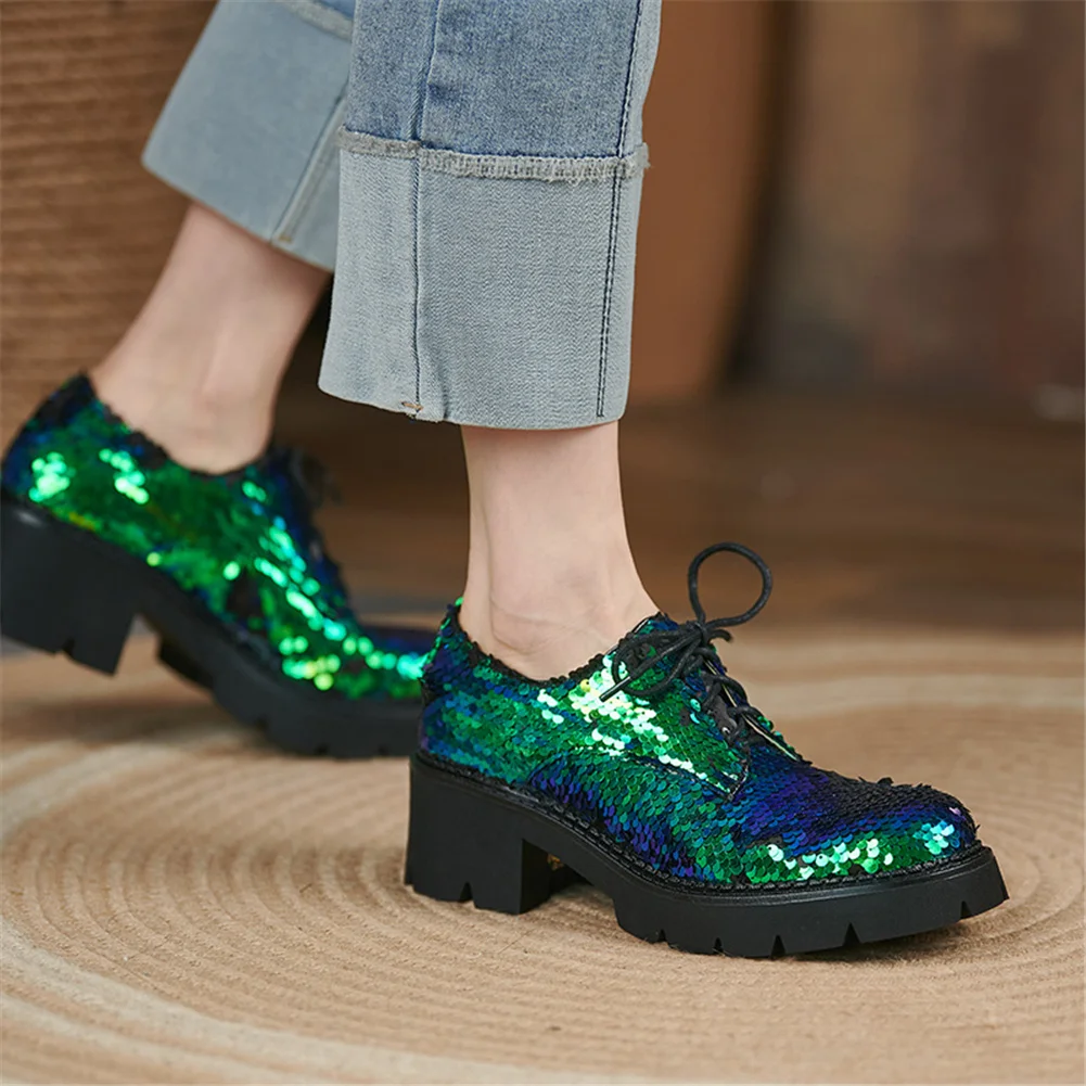 

2021 Brand Great Quality Chunky Heels Platform Leisure Bling Sequined Shoelaces Fashion Pumps Casual Shoes Woman
