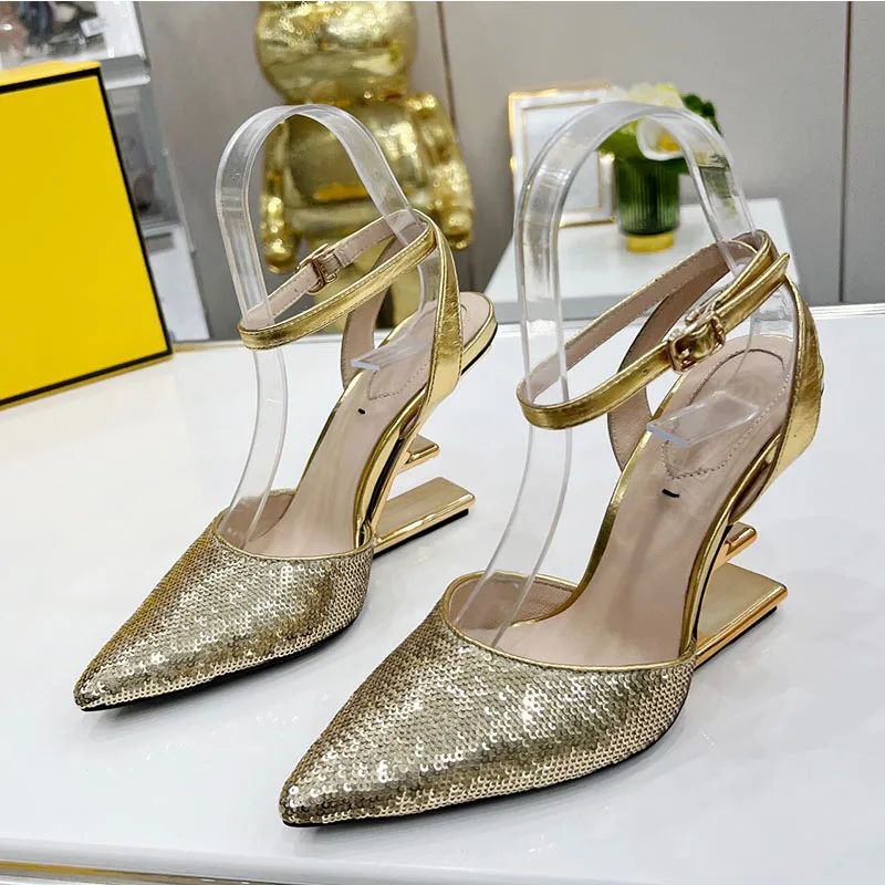 

Avant-Garde Women Pumps Hollow Sequins Metal Heel Fashion Single Shoes Spring Summer Banquet Profession One Strap Women Shoes