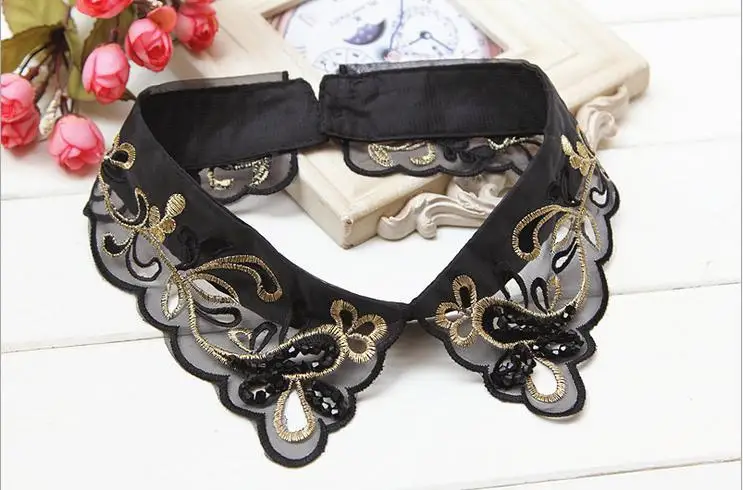 Linbaiway Handmade Beads Shirt Fake Collar Tie Women Embroidery Detachable False Lapel Blouse Top Removable Faux Cols |