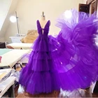 Женское Тюлевое платье с оборками, темно-фиолетовое платье с глубоким V-образным вырезом