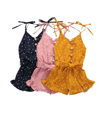 

1-6Y Infant Kids Baby Girls Rompers Heart Print Sleeveless Ruffles Single Breasted Jumpsuits Holiday Outfits