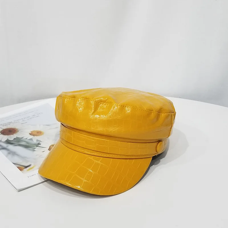 Cpop 6 Colors PU Leather Polyester Military Hats High Quality Female Solid Color New Fashion Casual Personality Women Winter Hat |