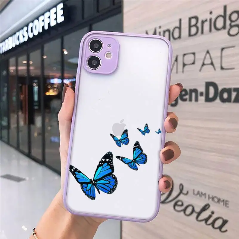 

Blue Butterfly Phone Cases Matte transparent For Purple iPhone 12 Mini 11 Pro XR XS Max 7 8 Plus X Back Cover